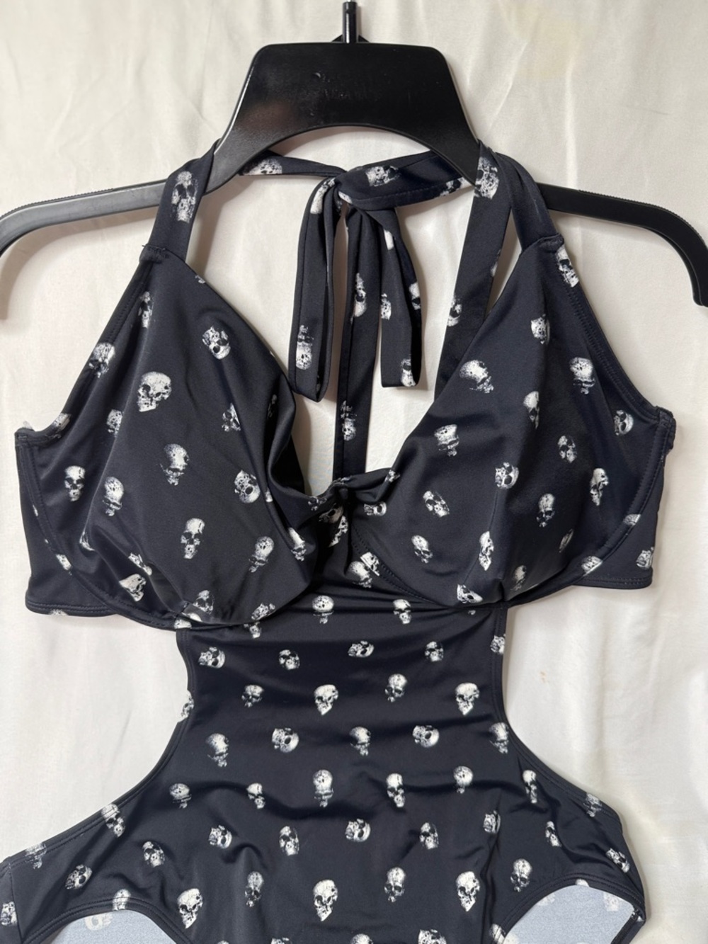 Killstar Black Halter Cutout One-Piece Swimsuit with White Skull Print - Picture 2 of 8